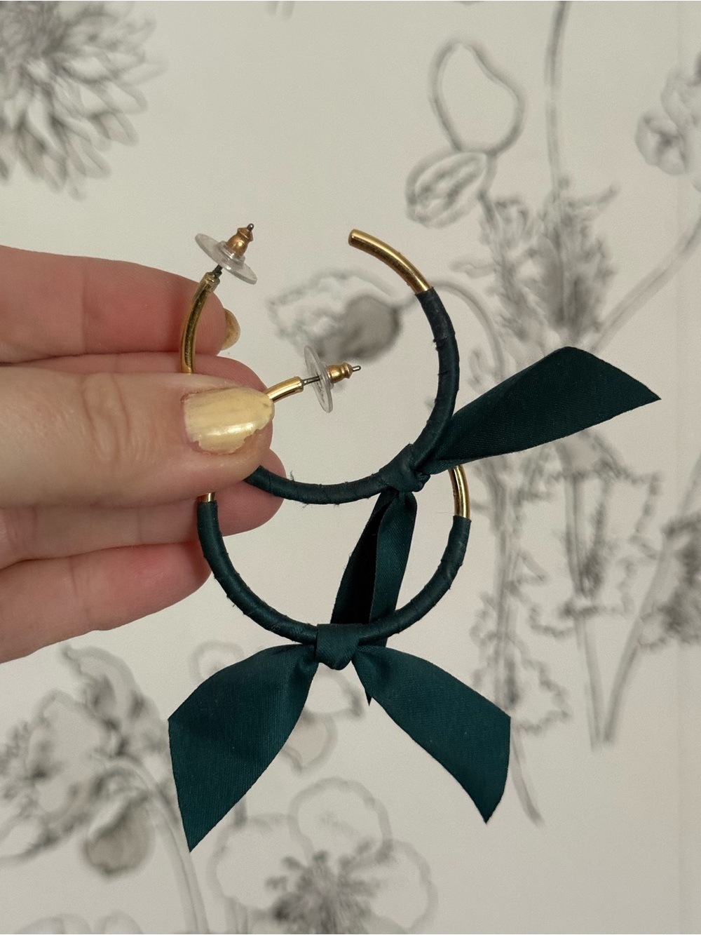 J.Crew Gold Hoop Earrings with Dark Green Ribbon Bow